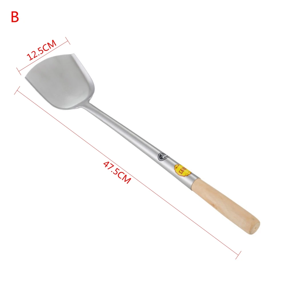 Нержавеющая сталь большая длинная лопатка Черпак шеф-повара для приготовления пищи Cocina Utensilios деревянная ручка лопатка кухонная утварь - Цвет: B 47.5X12.5CM