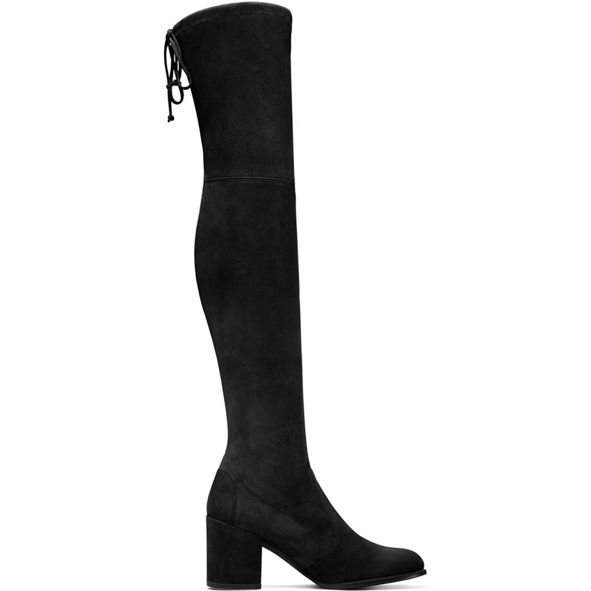 Женские зимние сапоги выше колена из искусственной замши женские черные замшевые кожаные сапоги женская обувь на высоком каблуке 7,5 см высокие сапоги до бедра