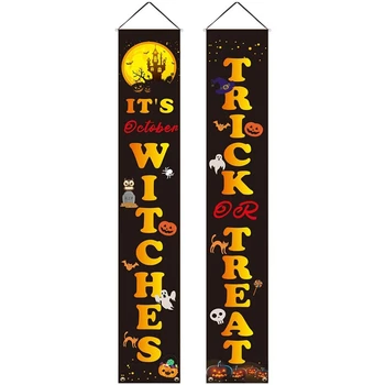 

Halloween Trick or Treat Banner It's Witches Hanging Porch Sign Banner for Halloween Gate Garden Home Party Decorations