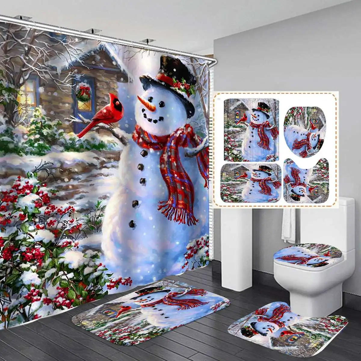 Hooks Toilet Floor Mat Lid Cover Rug Snowman Christmas 180x180cm Shower Curtain 