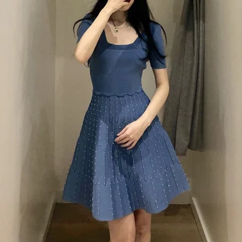 

Women Dress New Knit Dress Slim Beaded Short Sleeve Blue Mini Dress