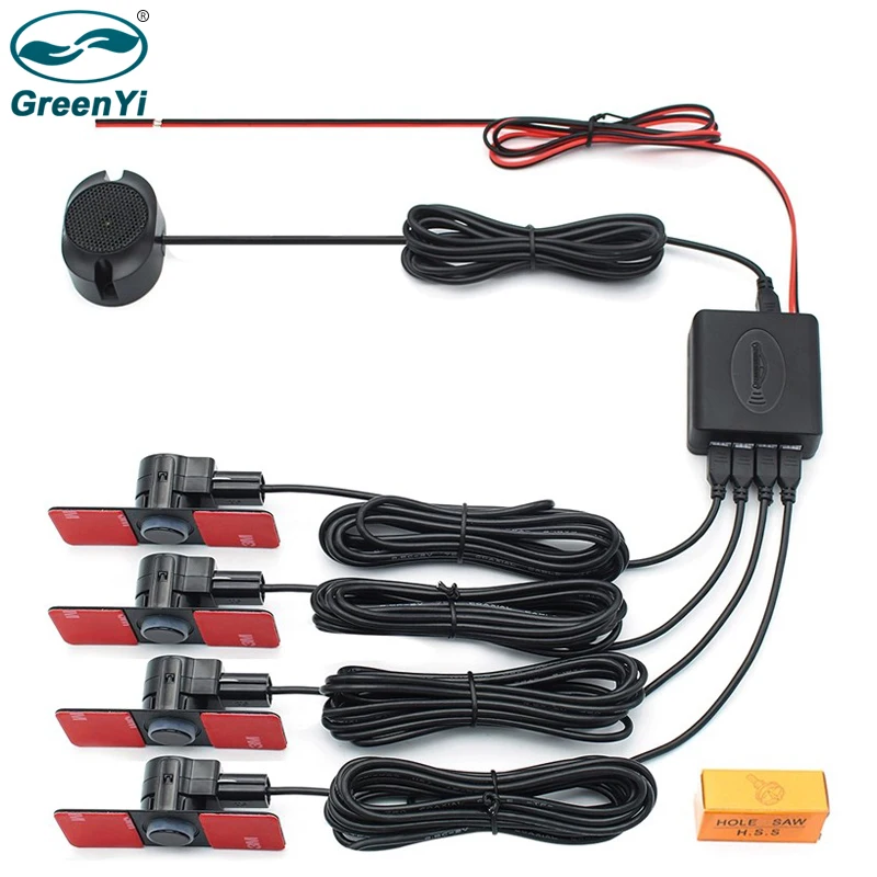 GreenYi Car Parking Sensor Assistant Parktronics 4 Black/Silver/White 13mm Flat Sensors Reverse Radar Sound Buzzer Alarm Sound