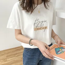 Letter Women T-Shirt O Neck Short Sleeve Loose Casual Pure Cotton 2020 Girls Spring Thick Pullovers Femme Fashion Clothings