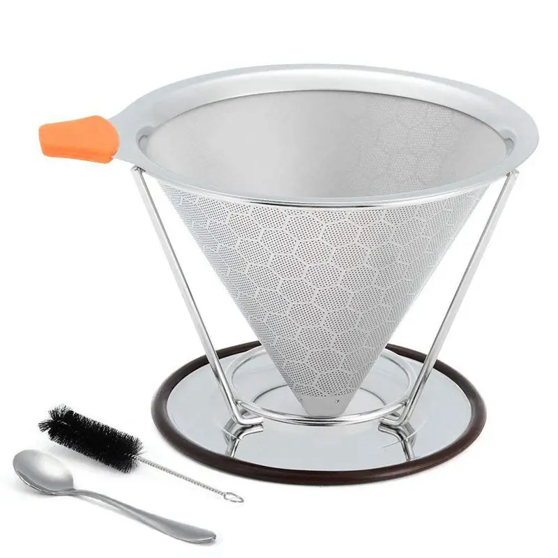 

Pour Over Coffee Filter Reusable Beehive Double Mesh Stainless Steel Cone Coffee Dripper Paperless with Separate Stand Spoon Cle