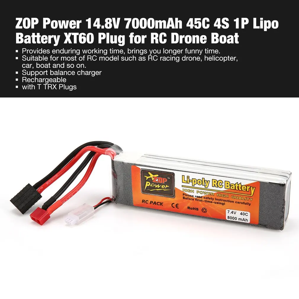 ZOP Мощность 7,4 V 8000 мА/ч, 40C 2S 1P Lipo Батарея Т вилка TRX Перезаряжаемые для беспилотный гоночный Квадрокоптер на дистанционном управлении вертолётом