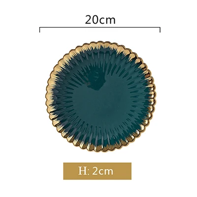 Нордическая зеленая обеденная тарелка с золотым краем, керамические тарелки, миски в форме цветка, наборы тарелок и тарелок, фарфоровая посуда, круглый обеденный набор - Цвет: 8 inch