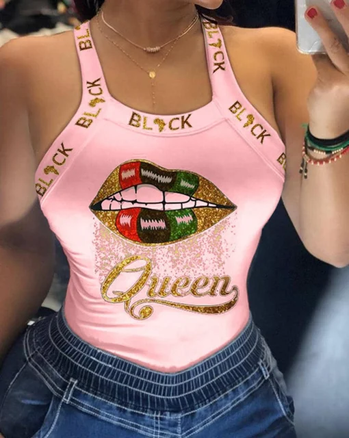 Summer Ladies Harajuku Shirts Slim Fit Polyester Sleeveless Top Tshirts Tank Tops Women U Neck Letter Print Lips Vest D6H283FS