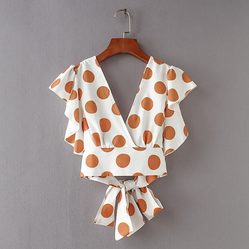 

New Women vintage butterfly sleeve polka dot short Blouses Shirts women back v bowknot ruffles casual slim blusas Tops LS2303