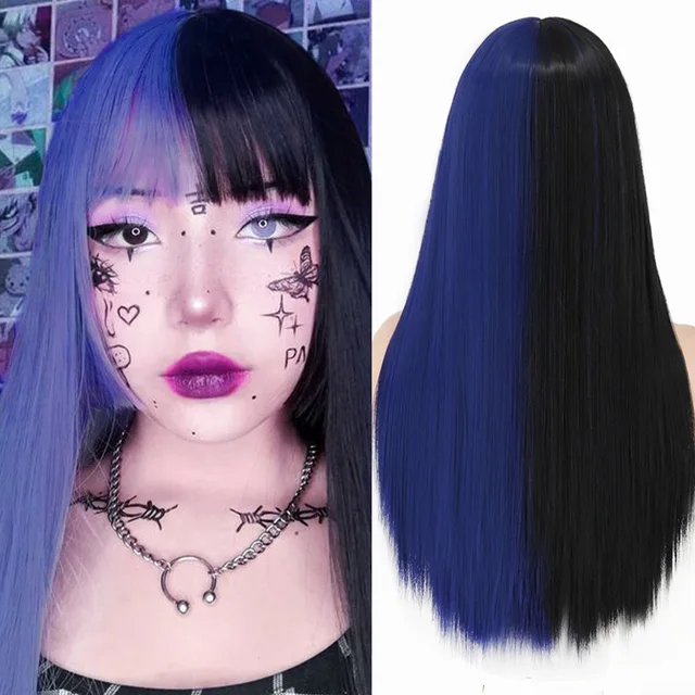 Feelsi Half Black Half Pink Synthetic Wigs With Bangs For Women Blue Red Black Blonde Purple Halloween Cosplay Lolita Wig Synthetic Wigs For Black Aliexpress Feelsi Half Black Half Pink Synthetic Wigs With Bangs For Women Blue Red Black Blonde Purple Halloween Cosplay Lolita Wig Synthetic Wigs For Black Aliexpress