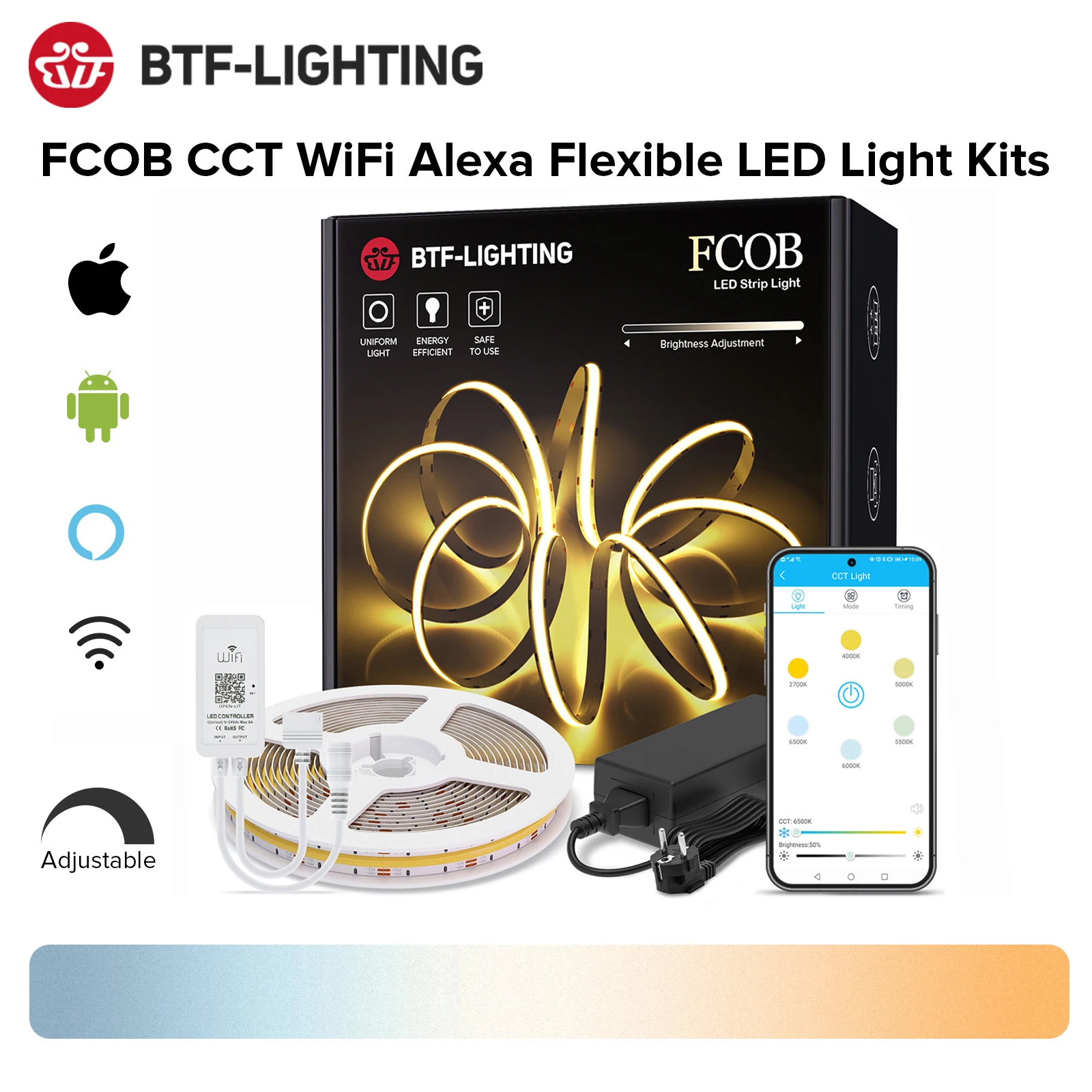 Mini WiFi APP FCOB CCT LED Light Strip Full Set RA90 Dimmable High Density Flexible COB Led Lights Warm White with DC 24V |