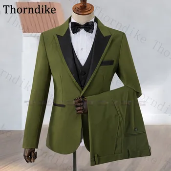 

Thorndike Army Green Formal Suit For Men Custom Made Peaked Lapel Business Suit Men Casual Elegant Groom Tuxedos Best Men Party