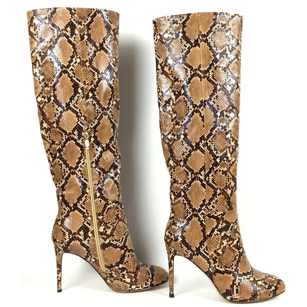Women's Boots Round Toe High Heels Knee High Boots Snake Pattern Ladies Winter Shoes Fashion Outdoor Party Wear Aimirlly