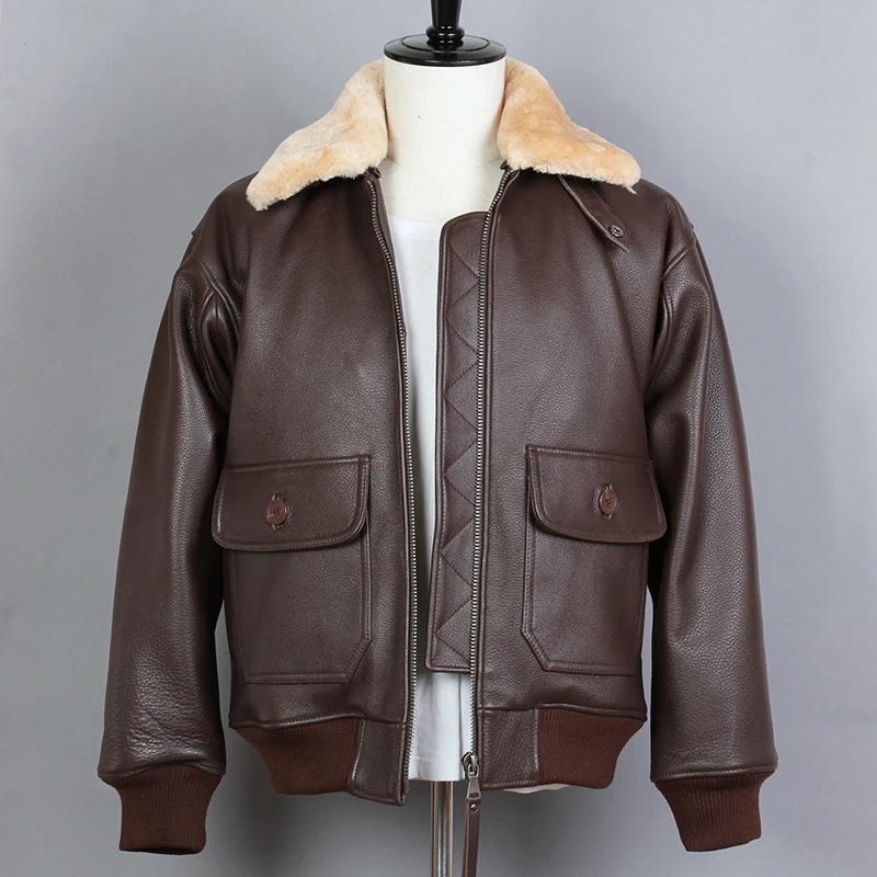 Avirex fly Fur collar Genuine Leather Jacket Men Cow Leather G1 Air force Flight Jacket Bomber Jacket Male Winter Coat