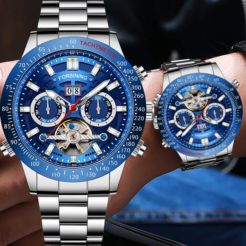 

FORSINING Brand Fashion Mechanical Automatic Watches Auto Date Mens Tourbillon Watch Silver Steel Big Dial Skeleton Clock
