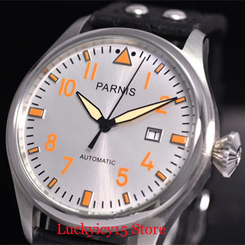 

2 Models PARNIS New High Quality 47mm Men Watch Auto Date Silver Case Big Crown Self Windiner Cg Wristwatch