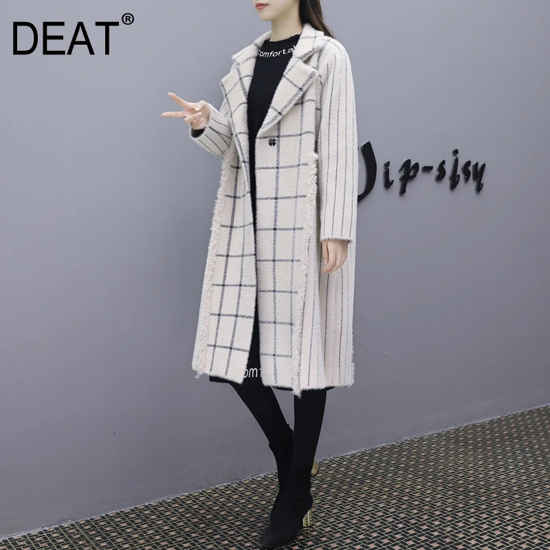 

[DEAT] 2019 New Autumn Pattern Trend Korean Straight Cardigan Single Button Patchwork Wild Striped Woolen Coat Women AT252