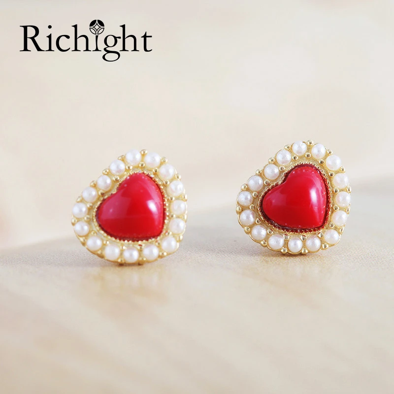 

Vintage Red Coral Heart Stud Earrings Tiny Pearls Cute Heart Studs Solid Silver Gold Earrings Ruby Heart Jewelry Valentines Gift
