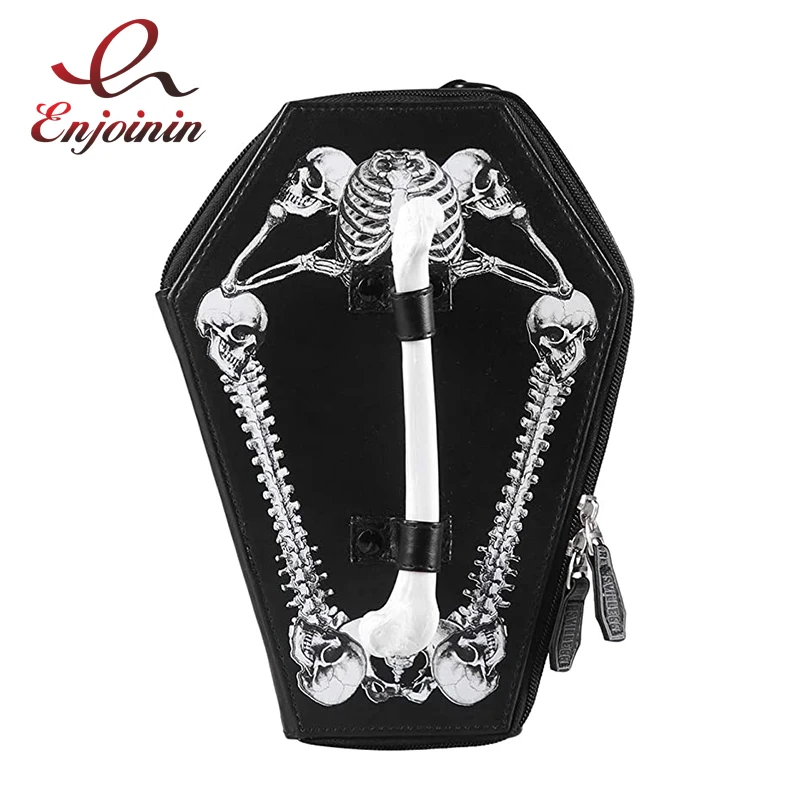 B/W Gothic Skeleton Messenger Bag Bones Coffin Shoulder/Crossbody