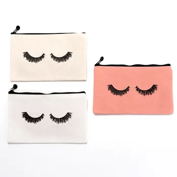 

1PCS Pen Bag Portable Canvas Eyelash Printed Makeup Storage Pen Bag Stationery Bag Beauty Wash Bag for Outdoor Travel