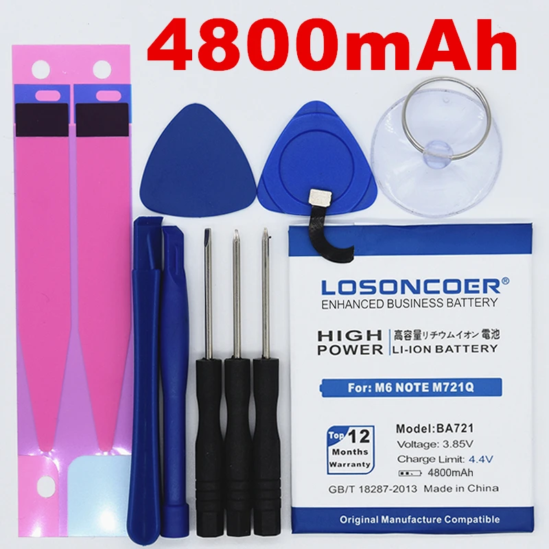 

100% Original LOSONCOER 4800mAh BA721 For Meizu Meilan M6 Note M721Q Note 6 Replacement Li-ion Phone Battery +Free tools