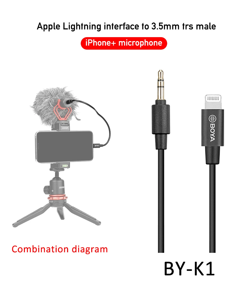 BOYA BY-K1 K2 K3 K4 K5 BY-K6 3.5mm TRS to Lightning/Typec Apple Android phone audio cable for microphone phone extension cable mics