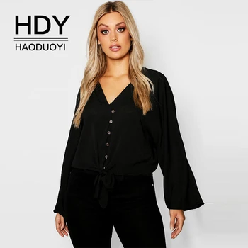 

HDY Haoduoyi 2020 New Fashion Autumn Simple Solid Color V-neck Front Button Tie Long-sleeved Large Size Shirt For Women