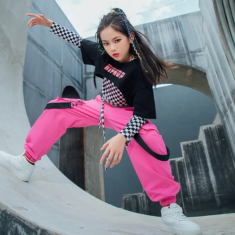 Children Hip Hop Dance Clothes Lattice Tops For Girls Casual Cargo Pants Jazz Performance Rave Wear Street Dance Costume BL7097