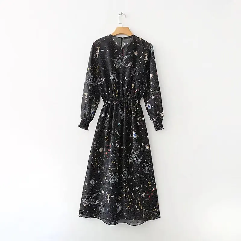 

2018 Early Spring WOMEN'S Dress Slim Fit Long Sleeve Midi Star Graffiti Printed Two-Piece Dress 885