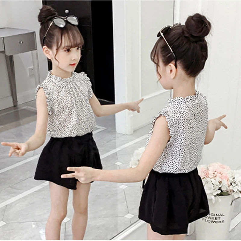 

Children wear girl clothes jacket 2020 summer new chiffon polka dot shirt tops mini shorts casual suit 3-9 Quality kids clothing
