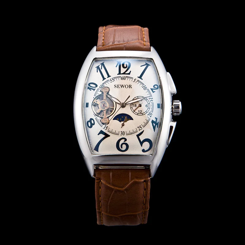 SEWOR Новая мода Tourbillon Досуг Спорт мужские s мальчик автоматические механические кожаные Наручные часы мужские симфония Стекло Зеркало Часы