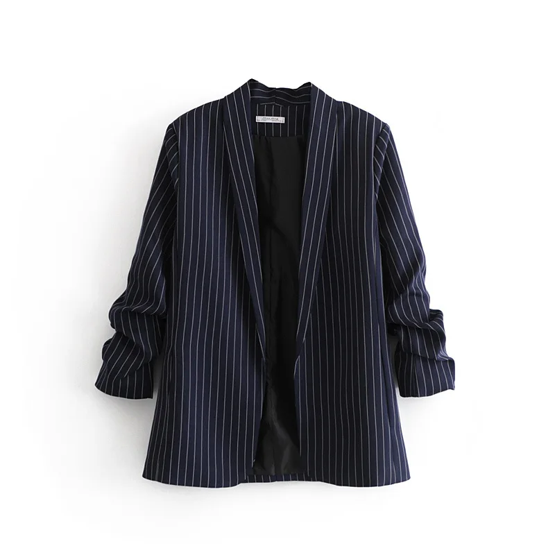 

2019 Spring New Style Hong Kong Style Retro Fashion Stripes Cuff Pleated Loose-Fit Slimming Versatile Suit Coat Women's