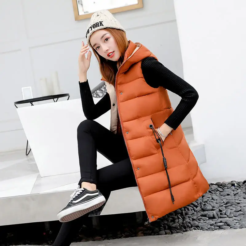 Caramel Vest Осенне-зимний хлопковый жилет Женский Повседневный жилет женский без рукавов с капюшоном теплое длинное пальто с жилетом Colete Feminino Q1939 - Цвет: Caramel Vest