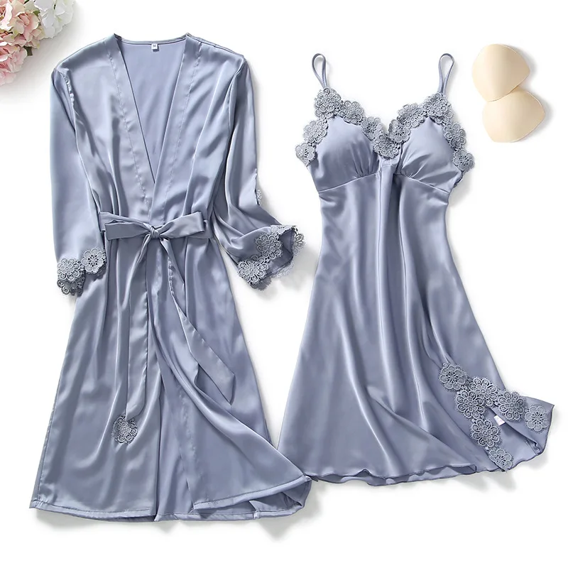 Women Pajamas 5 Pieces Satin Sleepwear Pijama Silk Home Wear Home Clothing Embroidery Sleep Lounge Pyjama with Chest Pads
