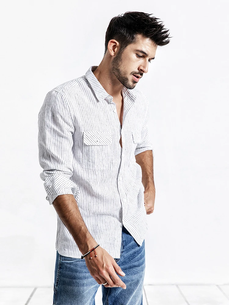Мужская рубашка в полоску SIMWOOD, повседневная приталенная рубашка с длинными рукавами, брендовая одежда из льна, модель 190173 на лето