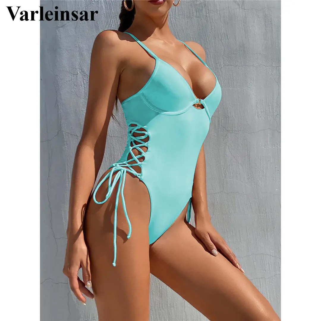 Padded Monokini Bathing-Suit Women Swimwear Underwired Sexy Lace-Up V2906 5-Colors Female