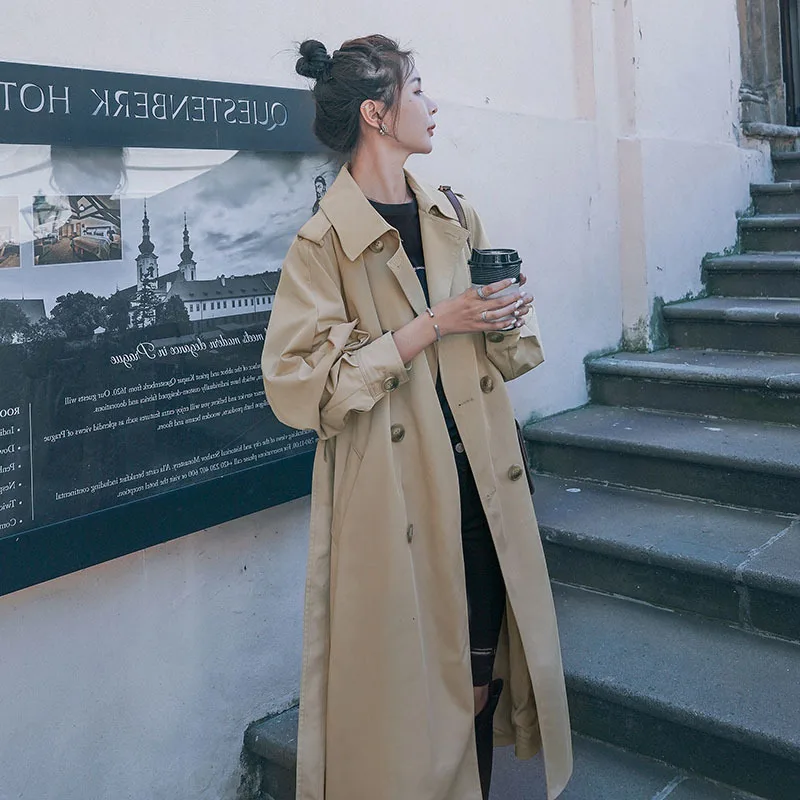 

Trench Coat Women's Mid-length Double Breasted Khaki Coat Retro Hepburn Wind 2019 Autumn New Style Lantern Sleeve Overcoat