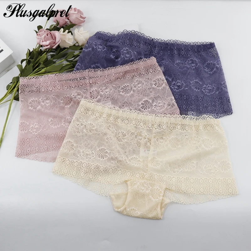 

Plusgalpret 2PCs/ lot Women Sexy Panties Floral Lace Underwear Elastic Mid-Waist Half Transparent Underwear size M L XL