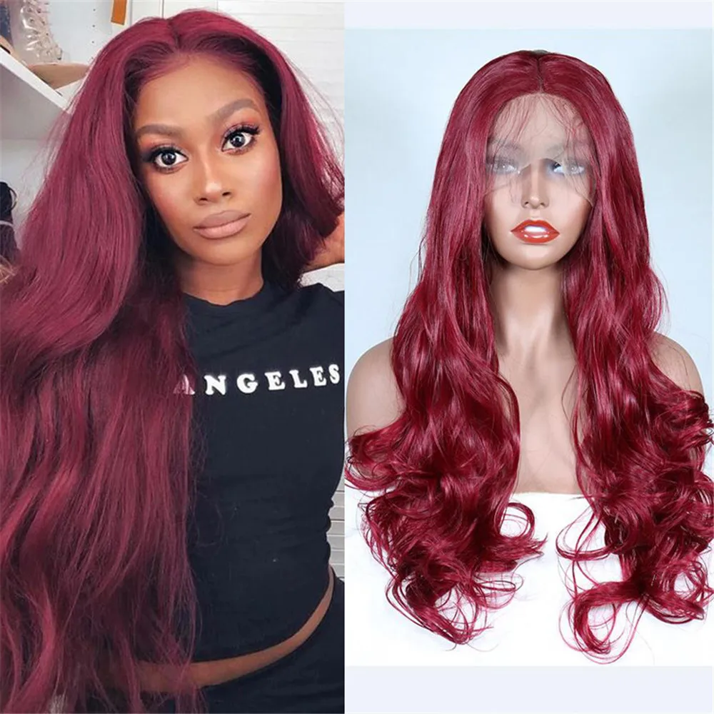 

Synthetic Lace Front Wig with Baby Hair Red Long Wave Wig with Natural Hairline Burgundy Hair Heat Resistant Fiber For Women