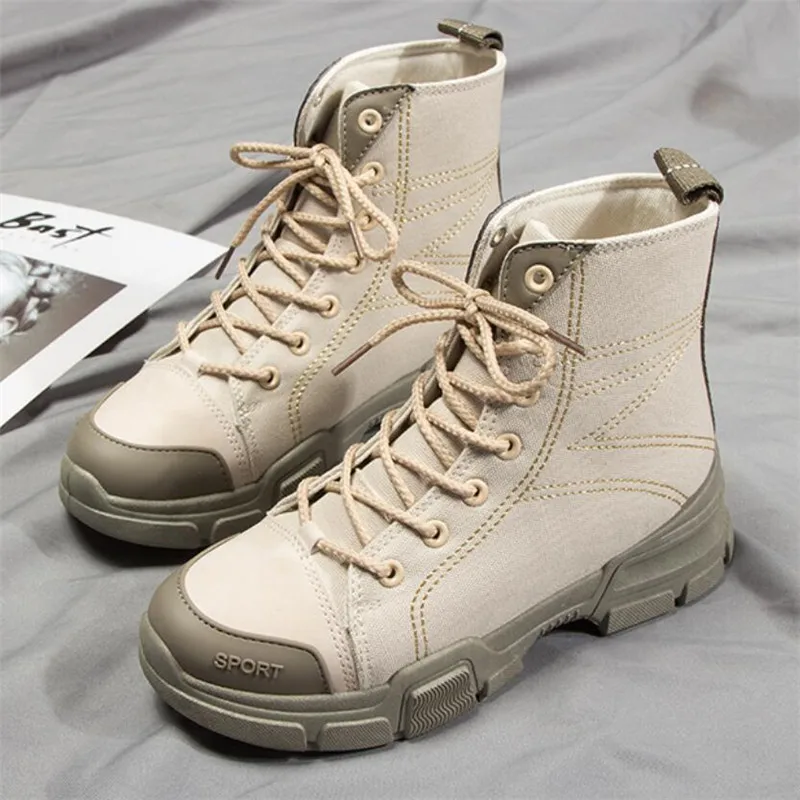 

Women Boots Canvas Riding Bootee Woman 2019 Walk Shoes Ladies Casual Spring Autumn Ankle Boots Female Non-Slip Sneakers Beige
