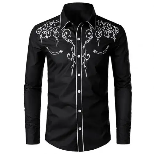Men Shirts Solid Color Embroidered Long Sleeve Shirts Turn Down Collar Long Sleeve Shirt Top Office Meeting Vacation - Цвет: Черный