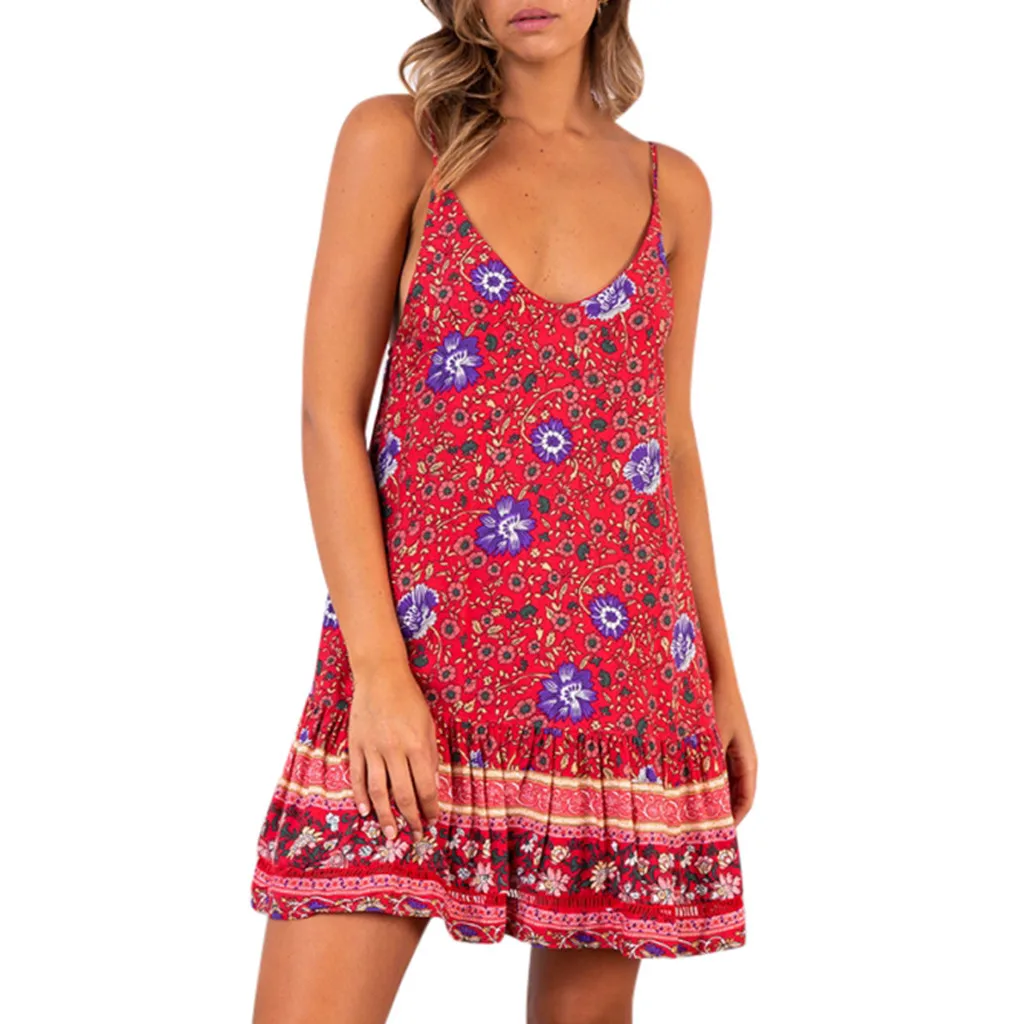 10# женские модные платья, женское пляжное мини Бандажное платье в стиле бохо, женские Вечерние Платья с цветочным рисунком и v-образным вырезом, летнее платье - Цвет: Red