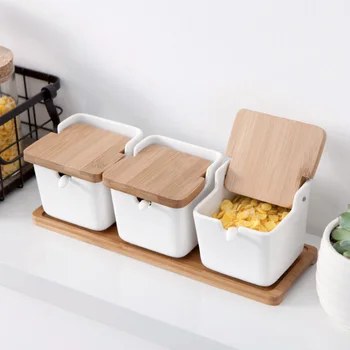 

kitchen Spice Pots Bowls With Spoon & Porcelain Box and Bamboo Cover - Storage Container Condiment Jars Ceramic ZM1013