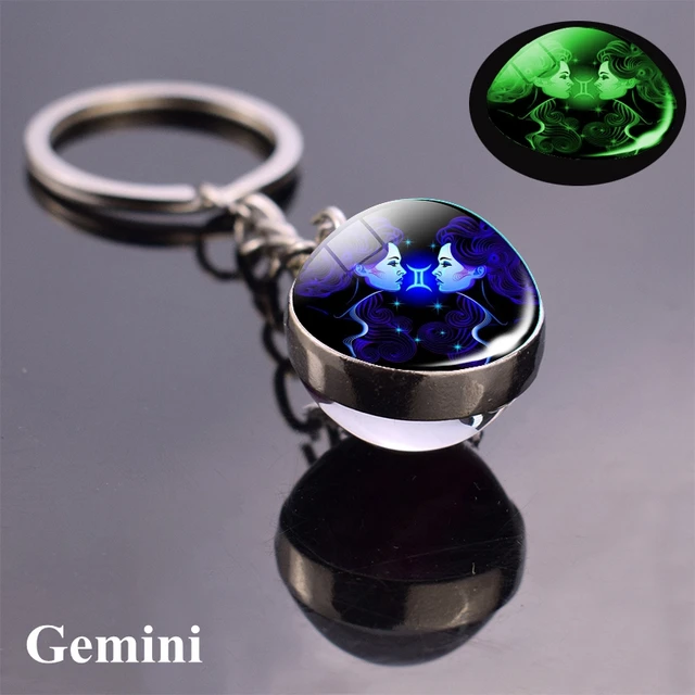 12 Constellation Luminous Keychain Glass Ball Pendant Zodiac Keychain Glow In The Dark Key Chain Holder Men Women Birthday Gift Gemini Blue