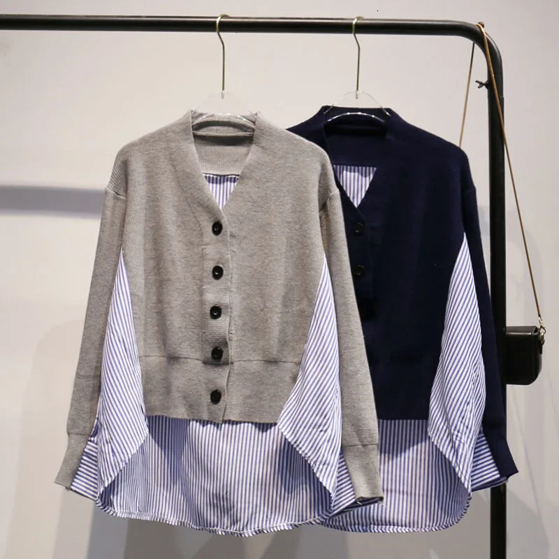 

SexeMara 2019 Winter New Cardigan V-neck Single Breasted Irregular Stripe Patchwork Ladies Fashion Loose Sweater CSW118