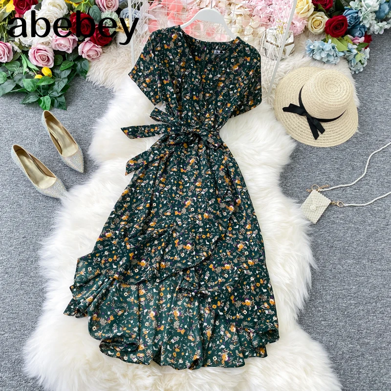 Boho Vintage 2022 floral print ruffles V Neck bandage long chiffon Dress summer Party Women beach holiday irregular tunic dress | Женская