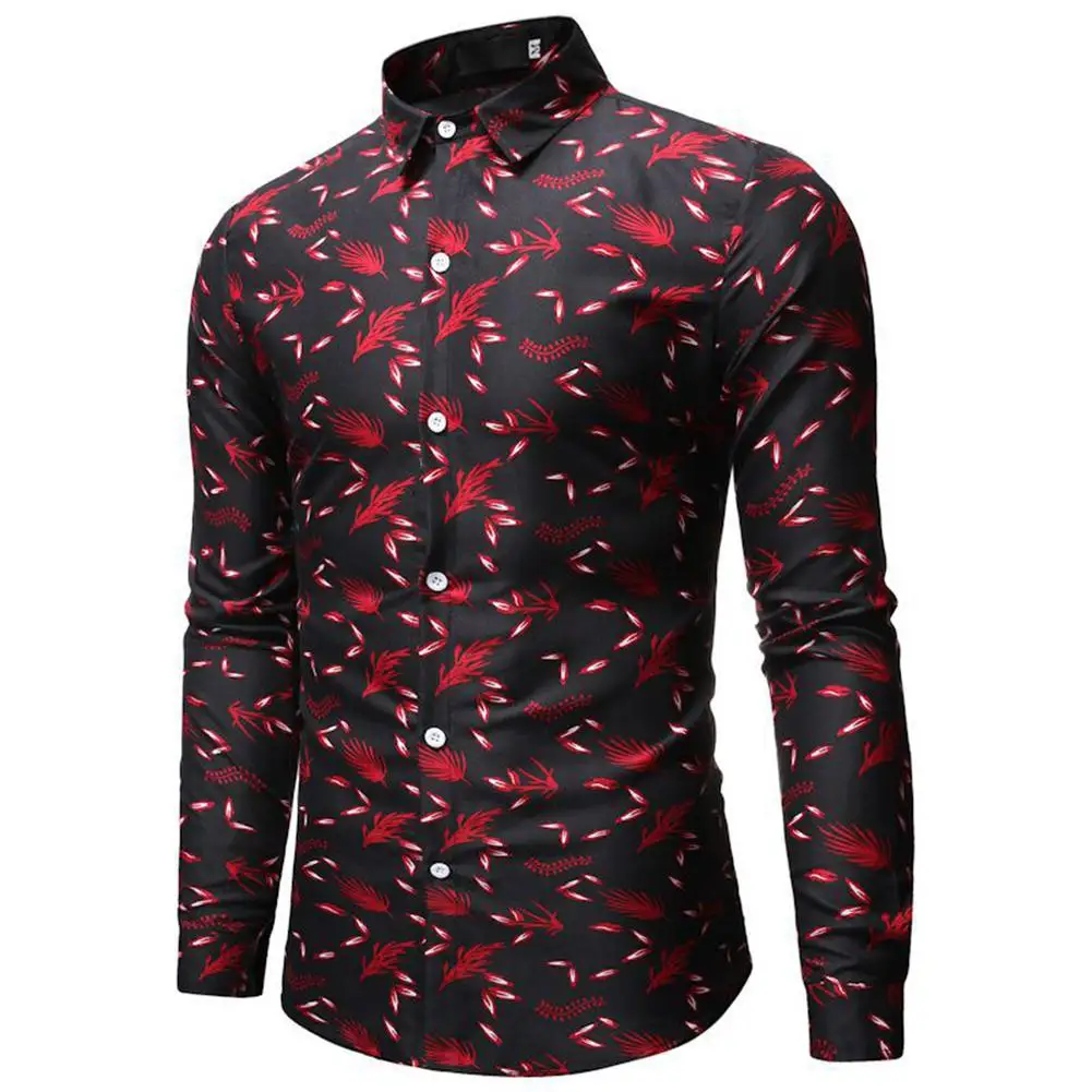 Yiwa Мужская рубашка Повседневная мода Листья цифровая печать с длинным рукавом рубашка с отворотом износостойкая с длинным рукавом
