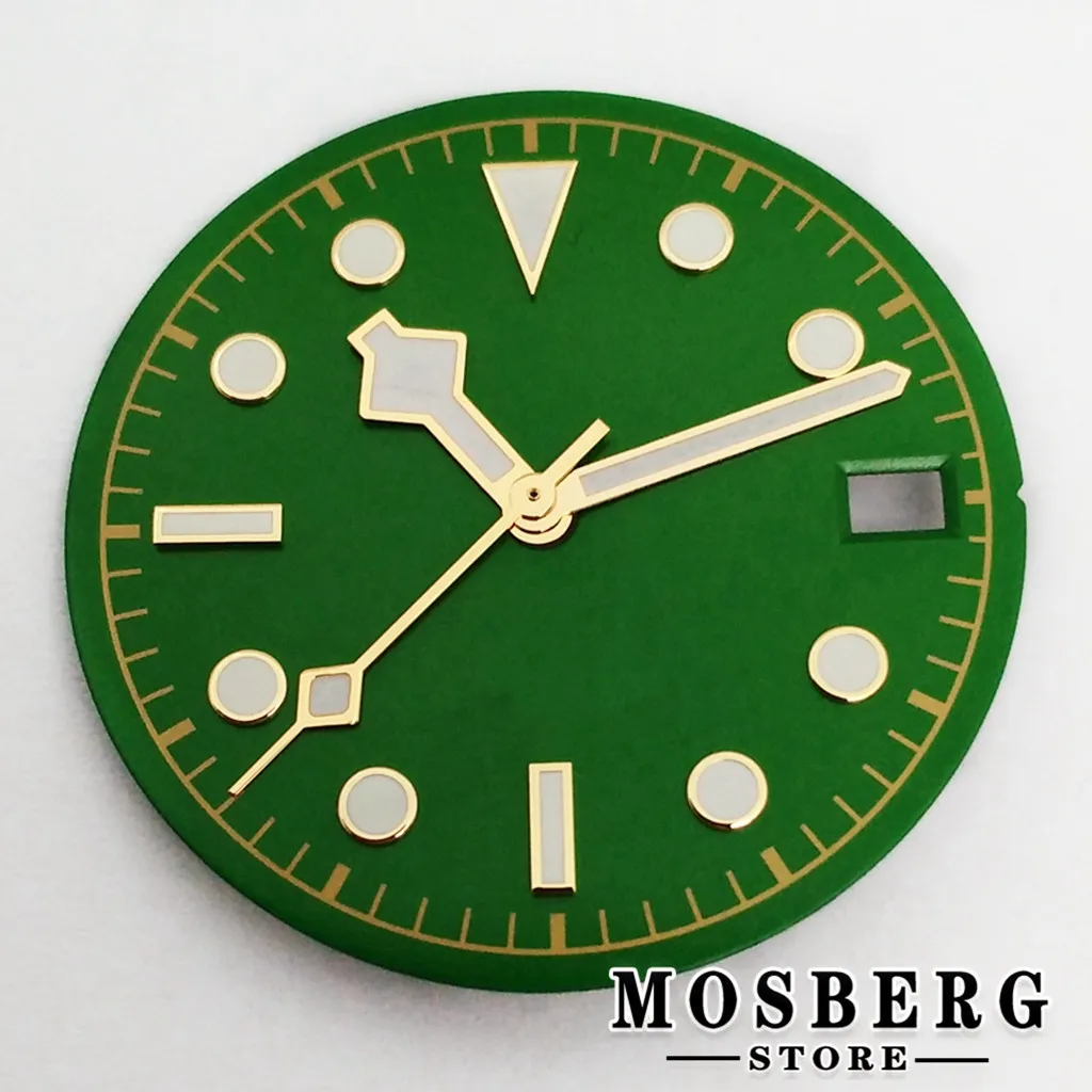 Sterile Luminous Black and Green Watch Dial with Date Window and Hands - 28.5mm