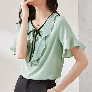 

COIGARSAM Cute Solid blouse women New Summer Short Sleeve Chiffon Bow Belt V-Neck blusas womens tops and blouses Green Blue 2013