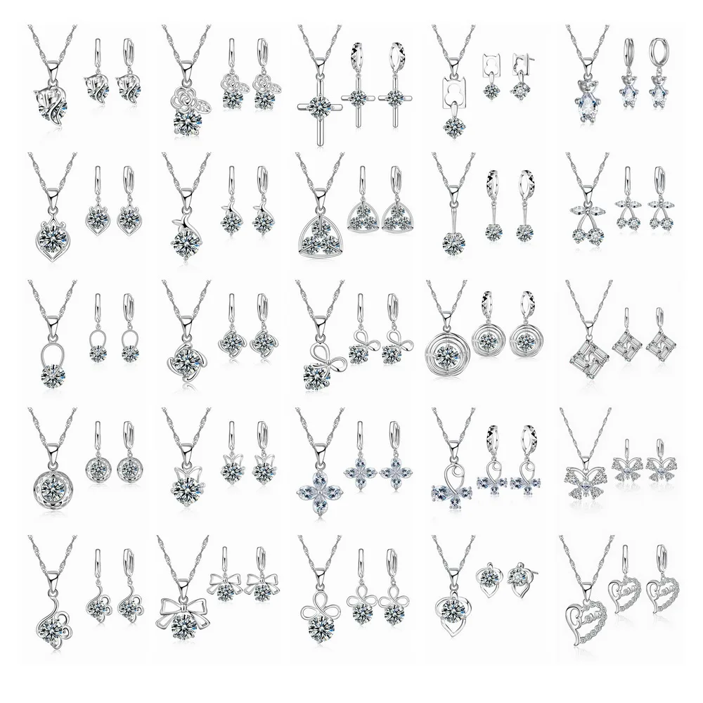 Jewelry Sets Collections 925 Silver Needle Cubic Zirconia CZ Necklaces Hoop Earrings Women Girls Engagement Gifts