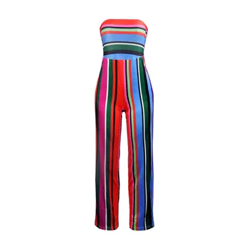 

Women Multicolored Striped Long Trousers Slim Jumpsuit Bodysuits Female Backless Off Shoulder Bohemia Boho Playsuits Rompers